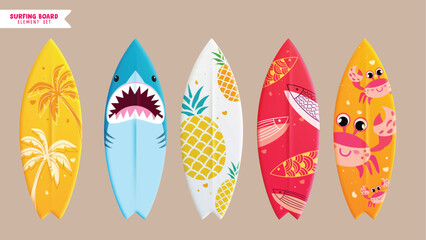 Summer surfboard element vector set. Summer surfing board with shark, pineapple, fish and crab pattern collection for beach water sport activity. Vector illustration surfboard collection.  
