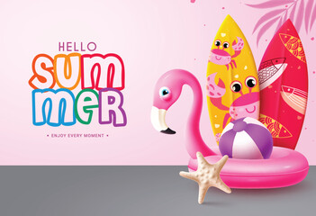 Hello summer greeting vector design. Summer hello text with flamingo floaters, crab and fish pattern surfboard elements for tropical season background. Vector illustration summer hello greeting design