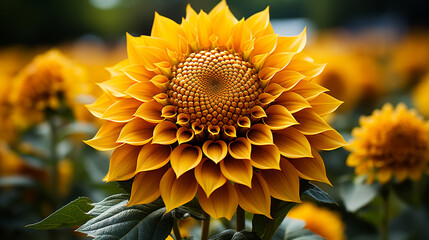 The Fibonacci pattern unfolds in the center of a sunflower, showcasing nature's mathematical precision - obrazy, fototapety, plakaty