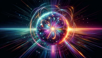 Poster de jardin Aurores boréales Abstract nuclear fusion reaction with vibrant digital aurora and metallic spheres.