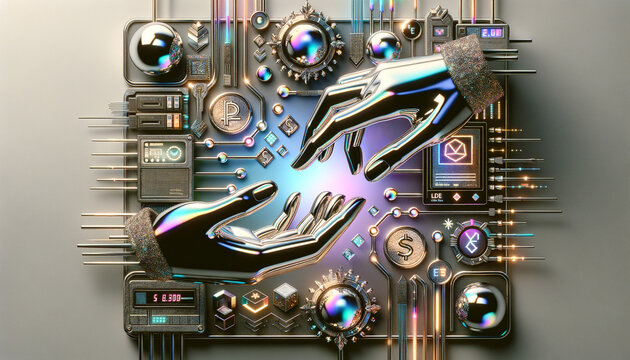 Futuristic p2p lending concept with metallic hands and iridescent currency.