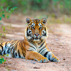 Obraz premium Amazing tiger in the nature habitat. Tiger pose during the golden light time. Wildlife scene with danger animal.