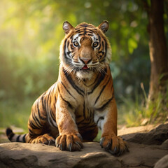 Obraz premium Amazing tiger in the nature habitat. Tiger pose during the golden light time. Wildlife scene with danger animal.