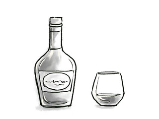ブランデーボトルとグラス（中身あり）のラフなモノクロイラスト