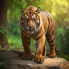 Naklejka premium Amazing tiger in the nature habitat. Tiger pose during the golden light time. Wildlife scene with danger animal.