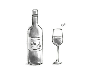 ワインボトルとグラス（中身あり）のラフなモノクロイラスト