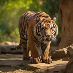 Obraz premium Amazing tiger in the nature habitat. Tiger pose during the golden light time. Wildlife scene with danger animal.