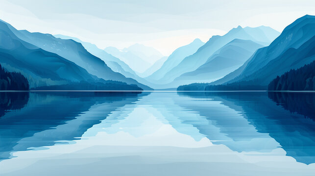 A geometric abstraction of a serene lake surrounded by mountains.