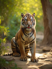 Amazing tiger in the nature habitat. Tiger pose during the golden light time. Wildlife scene with danger animal.