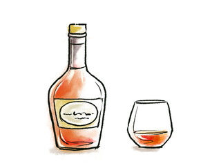 ブランデーボトルとグラス（中身あり）のラフな水彩イラスト
