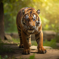 Amazing tiger in the nature habitat. Tiger pose during the golden light time. Wildlife scene with danger animal.