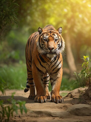 Amazing tiger in the nature habitat. Tiger pose during the golden light time. Wildlife scene with danger animal.