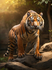 Amazing tiger in the nature habitat. Tiger pose during the golden light time. Wildlife scene with danger animal.