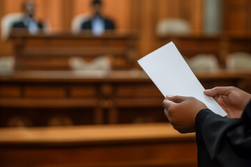 Close-up of a lawyer holding a document in a courtroom, with judges blurred in the background, depicting legal proceedings or a court trial, background with a place for text