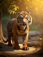 Amazing tiger in the nature habitat. Tiger pose during the golden light time. Wildlife scene with danger animal.