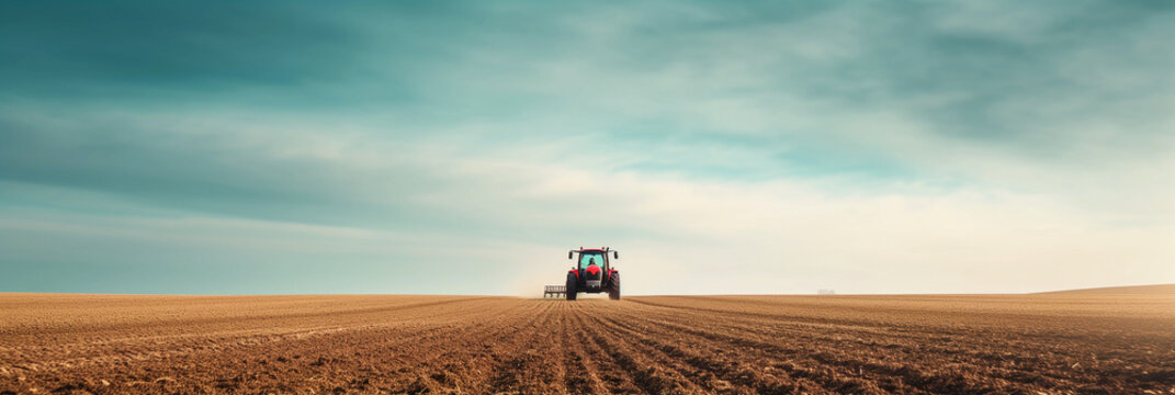 Fototapeta Red tractor plowing a field with clear blue sky, representing agricultural activity and farm machinery at work in rural landscape, background with a place for text