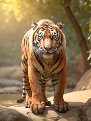 Amazing tiger in the nature habitat. Tiger pose during the golden light time. Wildlife scene with danger animal.