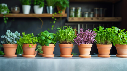 Assortment of potted fresh culinary herbs on a kitchen counter, ideal for home cooking and urban gardening concepts, background with a place for text