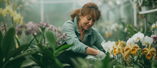 Mature woman caring for orchids in a misty greenhouse, embodying horticulture expertise and passion...