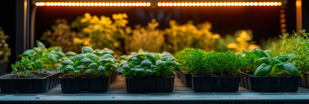 Indoor urban farming concept with a variety of young herbs under LED grow lights, showcasing sustainable agriculture technology, background with a place for text