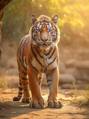 Amazing tiger in the nature habitat. Tiger pose during the golden light time. Wildlife scene with danger animal.