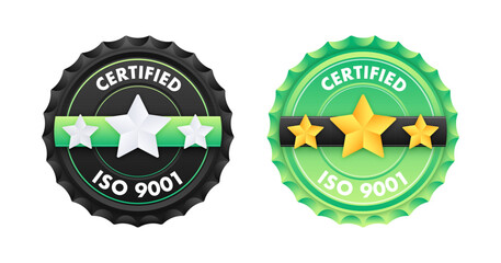 ISO 9001 standard certificate badge. Quality control. International Organization for Standardization. Vector illustration