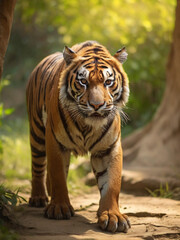 Amazing tiger in the nature habitat. Tiger pose during the golden light time. Wildlife scene with danger animal.