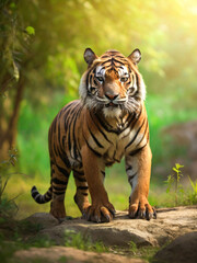 Amazing tiger in the nature habitat. Tiger pose during the golden light time. Wildlife scene with danger animal.