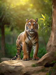 Amazing tiger in the nature habitat. Tiger pose during the golden light time. Wildlife scene with danger animal.