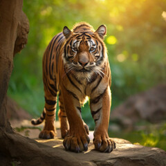 Amazing tiger in the nature habitat. Tiger pose during the golden light time. Wildlife scene with danger animal.