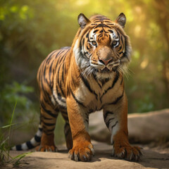 Amazing tiger in the nature habitat. Tiger pose during the golden light time. Wildlife scene with danger animal.