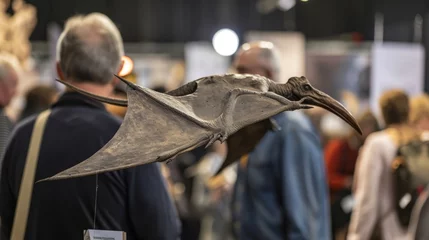 Foto op Plexiglas In a crowded auction hall a rare and perfectly preserved Pterodactyl wing is being carefully inspected by a team of potential buyers each one hoping to add it to their collection. © Justlight