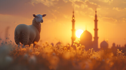 Sacred Sacrifice- Eid Al Adha Mubarak Background with Sheep and Islamic Prayer