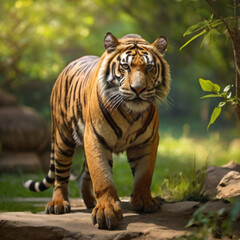 Amazing tiger in the nature habitat. Tiger pose during the golden light time. Wildlife scene with danger animal.