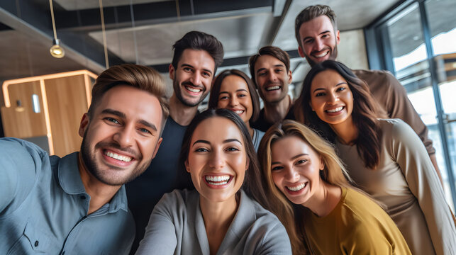 A diverse and dynamic corporate team collaborates and innovates in a vibrant office setting, promoting success and teamwork, good vibes and smiling to the camera