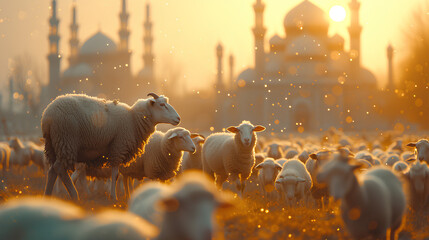 Eid Al Adha - Islamic Feast, Greeting Card, Blessed Sacrifice Feast. Ramadan and Eid greeting. Islamic celebration of the end of the Hajj, ommemoration of Ibrahim,shepherd sheep, lamb - obrazy, fototapety, plakaty
