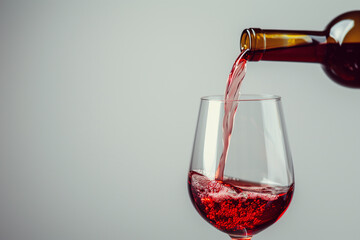 Fototapeta premium Wine Pour Mockup: Elegant Cascade from Bottle to Glass on Plain Background.