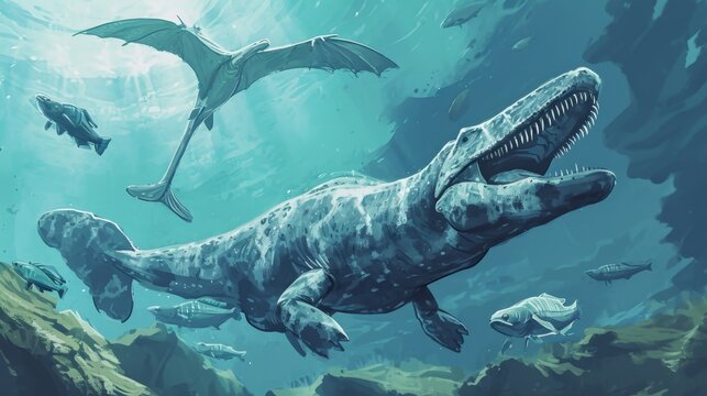 The gentle giant of the sea a mosasaur calmly swimming alongside a group of ancient coelacanth fish under the watchful eye of a pterodactyl flying overhead.