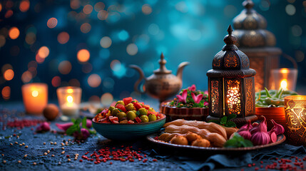 Fototapeta na wymiar Traditional Islamic Feast- Eid Al Adha Mubarak Background with Delicious Meat and Festive Decorations