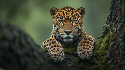 portrait of a leopard hide in branch tree and looking at the camera 