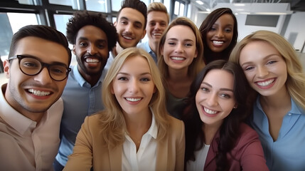 A diverse and dynamic corporate team collaborates and innovates in a vibrant office setting, promoting success and teamwork, good vibes and smiling to the camera