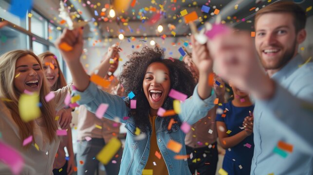 Diverse office employees celebrating