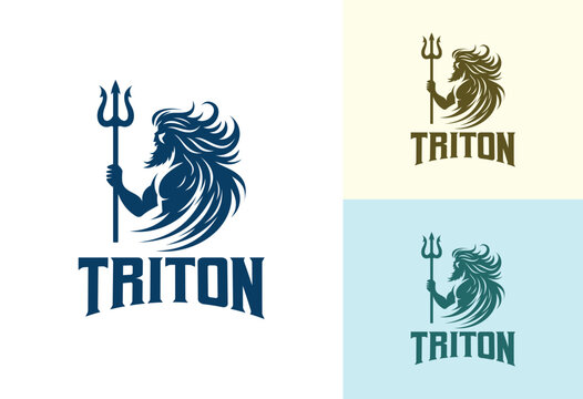 triton or poseidon standing holding trident logo vector illustration