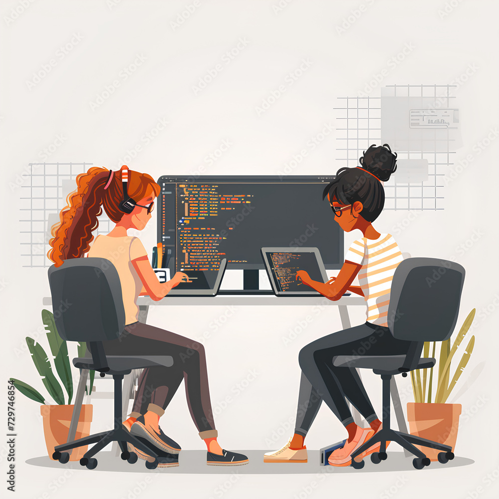 Poster women working together on coding and programming.