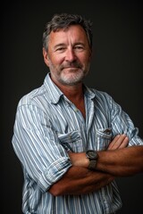 Portrait of a Person in a Striped Blue Shirt, Male Lifestyle Model, Fashion Concept, Smiling Man, People Posing for a Camera, Simple Background, Vertical Marketing Imagery