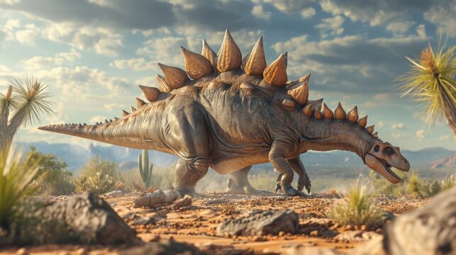A Stegosaurus cautiously grazes on a patch of dry vegetation its armor plates protecting it from the intense desert sun.