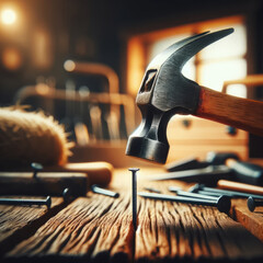 showcasing a nail being driven into dark wood by a hammer's head, which is in contact