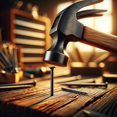 showcasing a nail being driven into dark wood by a hammer's head, which is in contact