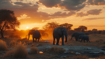 Fototapeta na wymiar savanna sunset view with elephant