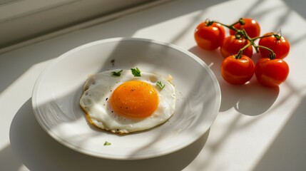 Fried eggs with cherry tomatoes on a clean white kitchen table.